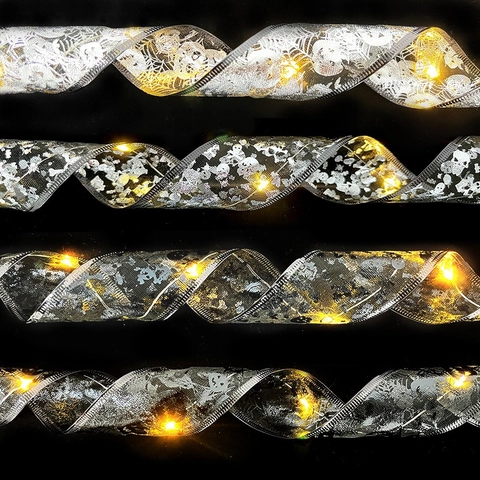 Halloween LED Glowing Mesh Ribbon Double Layer Hot Stamping Skeleton Pumpkin Spider Web Decorative Ribbon For Party Home Decor