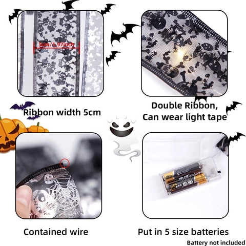 Halloween LED Ribbon Light String Double Layer Mesh Decorative Ribbon With Skull Pumpkin Spider Web Pattern For Party Home Decor Warm Lighting Festival Ornament