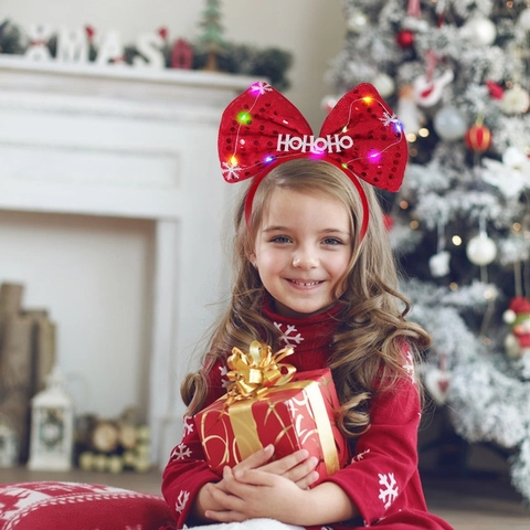 LED Christmas Headband Santa Claus Reindeer Antlers Glowing Bow Christmas Tree Party Headwear Festive Accessories For Kids Adults