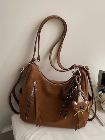 Mochila de Cuero PU de Moda para Mujer Bolso de Hombro Gran Capacidad Multi Cremallera Con Colgante de Oso Diario Hobo