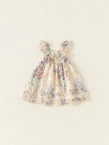 Mädchen Polyester Blumendruck Ärmelloses Kleid Französischer Stil Rüschen Spitzenbesatz A-Linie Sommer Party Prinzessinnenkleid Für Kleinkinder