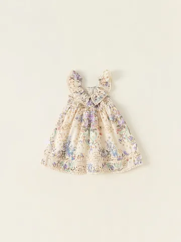 Mädchen Polyester Blumendruck Ärmelloses Kleid Französischer Stil Rüschen Spitzenbesatz A-Linie Sommer Party Prinzessinnenkleid Für Kleinkinder