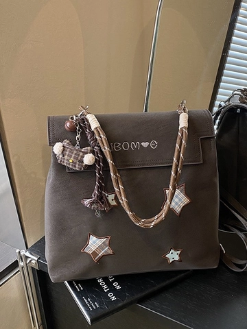Mochila de Cuero PU con Apliques de Estrellas Retro para Mujer Gran Capacidad Bolso de Hombro de Moda con Colgante de Oso para Escuela