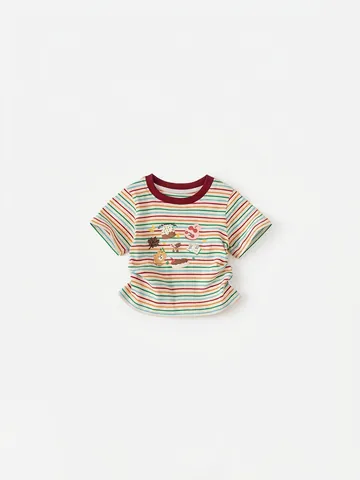 Mädchen Regenbogen Gestreift Kurzarm T-Shirt Baumwolle Cartoon Bär Hase Druck Kontrast Rundhalsausschnitt Sommer Casual Top