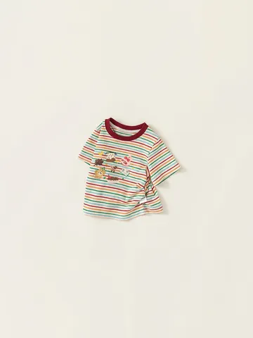 Mädchen Regenbogen Gestreift Kurzarm T-Shirt Baumwolle Cartoon Bär Hase Druck Kontrast Rundhalsausschnitt Sommer Casual Top