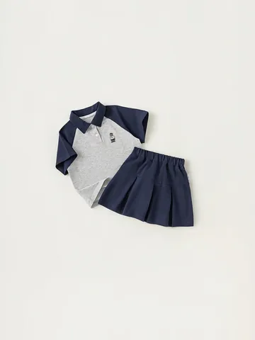 Meisjes Academie Stijl Lange Mouw Poloshirt En Geplooide Rok Passende Outfit Katoen Beer Borduurwerk Kleurblok Kleding