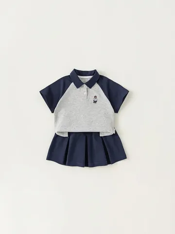 Meisjes Academie Stijl Lange Mouw Poloshirt En Geplooide Rok Passende Outfit Katoen Beer Borduurwerk Kleurblok Kleding