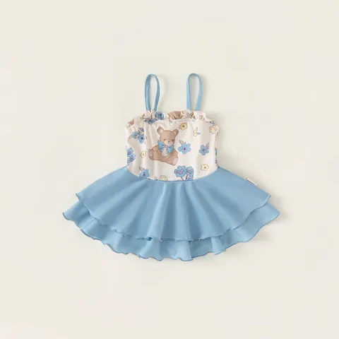 Mädchen Einteiler Badeanzug Cartoon Bär Blumen Bedruckt Rüschen Spaghettiträger Badkleid Für Kinder Strand Urlaub Bademode