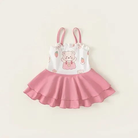 Mädchen Einteiler Badeanzug Cartoon Bär Blumen Bedruckt Rüschen Spaghettiträger Badkleid Für Kinder Strand Urlaub Bademode