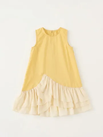Toddler Girls Sleeveless Summer Dress Yellow Contrast Color Patchwork Tiered Ruffle Hem A-Line Cotton Breathable Clothing