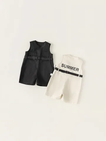 Pagliaccetto Cargo Senza Maniche Estivo per Ragazzi 100% Cotone Stampa Lettere Tuta Intera con Cintura Cerniera Abbigliamento Bambini