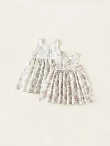Girls Summer Floral Dress Sleeveless Cotton Bowknot Lace A-Line Sweet Princess Everyday Dress For Toddler Kids