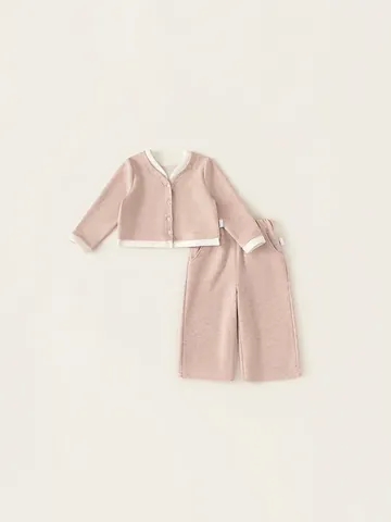 Tenue en Tricot Fille Bordure Contrastée Cardigan Col en V Pantalon Large Deux Articles Décontracté Souple Enfants