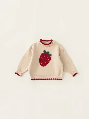 Pull en Tricot Fraise Mignon pour Filles Manches Longues Acrylique Doux Bord Festonné Top pour Enfants Tout-Petits