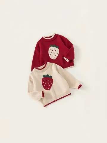 Pull en Tricot Fraise Mignon pour Filles Manches Longues Acrylique Doux Bord Festonné Top pour Enfants Tout-Petits