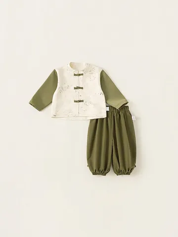 Tenue d'Automne pour Garçons Style Chinois Traditionnel Tang Suit Imprimé Bambou Boutons Grenouille Hanfu Haut à Manches Longues et Pantalon