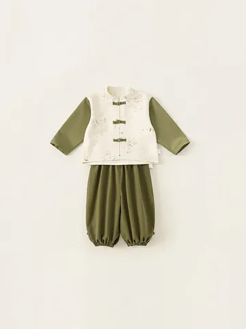 Tenue d'Automne pour Garçons Style Chinois Traditionnel Tang Suit Imprimé Bambou Boutons Grenouille Hanfu Haut à Manches Longues et Pantalon