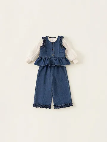 Set di Abbigliamento in Denim per Ragazze Gilet con Volant Pantaloni a Gamba Larga E Top con Maniche a Sbuffo