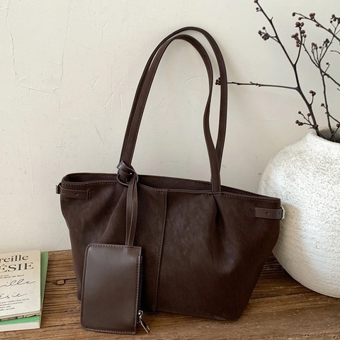Borsa Tote Retrò di Grande Capacità Con Pochette Borsa a Tracolla in Pelle PU Minimalista per Donna Borsa Casual Urbana Ufficio Viaggi