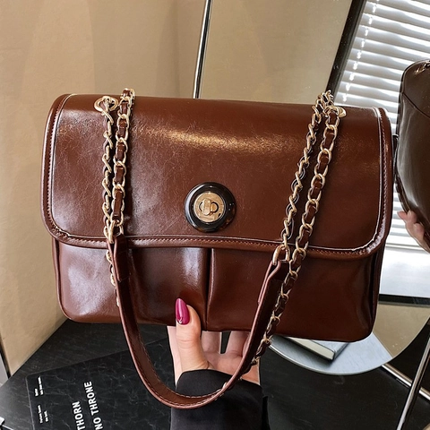 Vintage PU Leder Schultertasche Für Damen 2025 Neue Mode Hohe Qualität Kette Umhängetasche Große Kapazität Quadratische Tasche