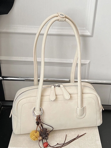 Vintage Luxury PU Leather Boston Bowling Bag For Women Fashion Small Shoulder Handbag With Contrast Stitching And Removable Charm