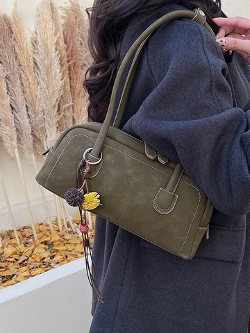 Vintage Luxury PU Leather Boston Bowling Bag For Women Fashion Small Shoulder Handbag With Contrast Stitching And Removable Charm