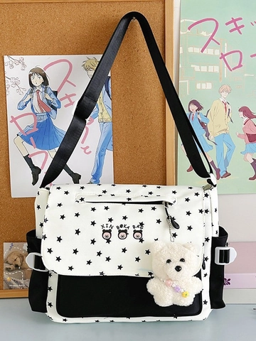 Women Star Print Nylon Messenger Bag Japanese Style Large Capacity Shoulder Bag With Plush Bear Pendant For Student Girls
