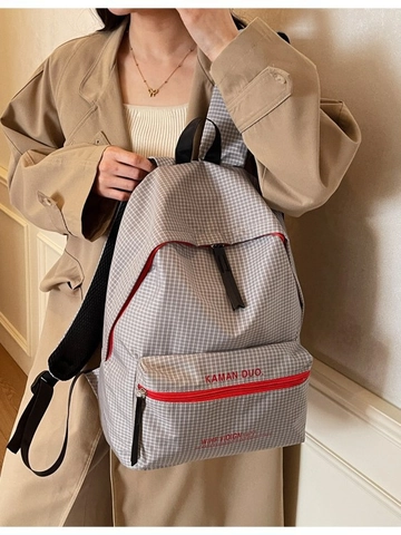 Fashion Plaid Large Capacity Backpack For Women Casual Canvas School Bag With Contrast Red Zipper Laptop Compartment