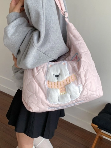Women Quilted Heart Pattern Large Capacity Tote Bag Cartoon Embroidery Crossbody Shoulder Bag For Office Commuting Fashion