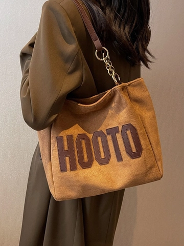 Borsa Tote in Pelle PU Vintage di Grande Capacità per Donna Borsa a Tracolla Retro con Design a Lettere e Catena in Metallo