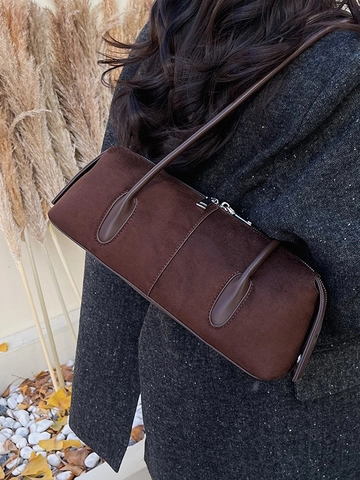 Minimalist PU Suede Splicing Underarm Bag Women Retro Commuter Shoulder Pillow Bag Zipper Cylinder Satchel Bag Solid Color