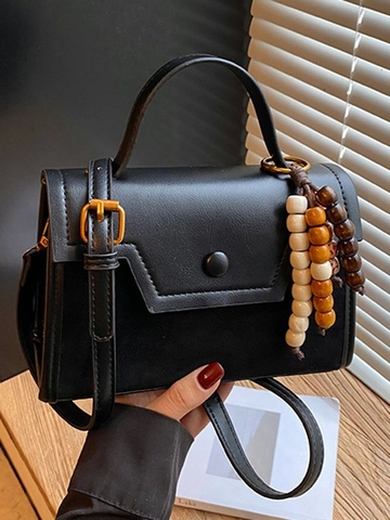 Vintage Women Leopard Patchwork Square Bag PU Leather Crossbody Bag With Wood Beads Charms Handbag Small Shoulder Bag