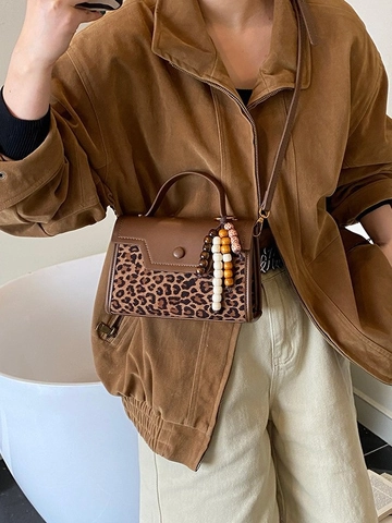 Vintage Women Leopard Patchwork Square Bag PU Leather Crossbody Bag With Wood Beads Charms Handbag Small Shoulder Bag