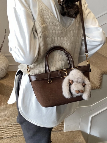 Vintage Women Faux Leather Suede Bucket Bag Retro Patchwork Handbag With Rabbit Pendant Crossbody Shoulder Bag For Daily