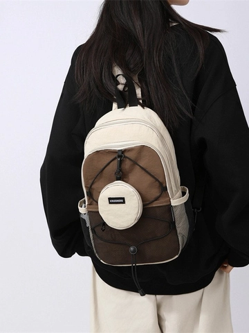 American Retro Color Block Small Backpack Water Resistant Nylon Utility Daypack With Detachable Mini Pouch For Men Women