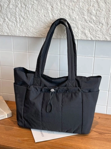 Dames Grote Capaciteit Gevoerde Tote Bag Minimalistisch Polyester Schoudertas Met Koordsluiting Casual Handtas