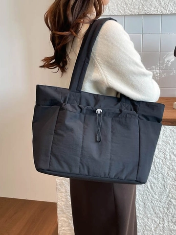 Dames Grote Capaciteit Gevoerde Tote Bag Minimalistisch Polyester Schoudertas Met Koordsluiting Casual Handtas