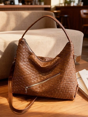 Women's Large Capacity Woven PU Leather Tote Bag Vintage Soft Hobo Shoulder Bag With Decorative Silver Zipper Handbag