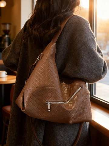 Women's Large Capacity Woven PU Leather Tote Bag Vintage Soft Hobo Shoulder Bag With Decorative Silver Zipper Handbag