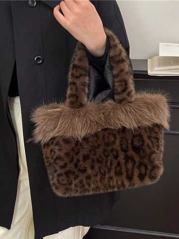 Damen Mode Kunstpelz Leopardenmuster Handtasche Herbst Winter Plüsch Tote Bag Mit Magnetverschluss Stilvolle Warme Achseltasche