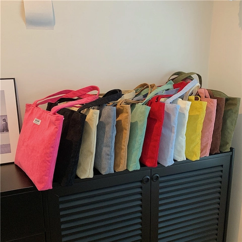 Sac Fourre-Tout En Velours Côtelé Pour Femmes Grande Capacité Couleur Unie Sac À Main Épaule Pour Travail École Quotidien