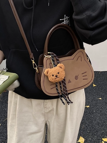 Simpatica Borsa a Mano da Donna a Forma di Muso di Gatto in Pelle PU Piccola Borsa a Tracolla Quadrata Con Orsetto di Peluche