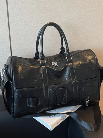 Women Large Capacity PU Leather Travel Duffel Bag Pleated Fashion Fitness Gym Bag Casual Handbag With Shoulder Strap
