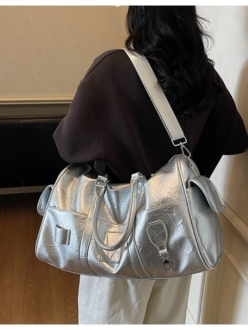 Women Large Capacity PU Leather Travel Duffel Bag Pleated Fashion Fitness Gym Bag Casual Handbag With Shoulder Strap