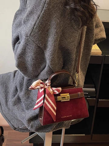 Vintage PU Leather Kelly Bag For Women Fashion Nubuck Texture Handbag With Decorative Silk Scarf Daily Casual Crossbody Bag