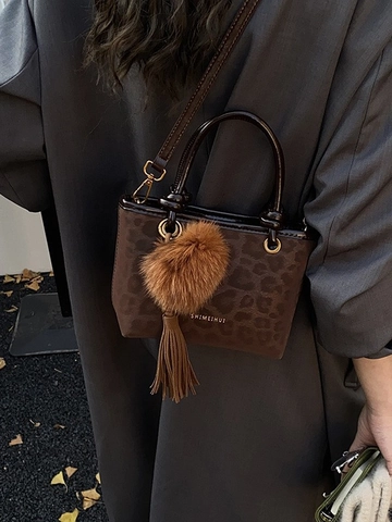 Women Vintage Leopard Print PU Leather Bucket Bag Small Fashion Handbag With Fur Ball Tassel Shoulder Crossbody Bag