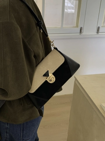 Sac Carré Rétro Patchwork pour Femmes Sac à Épaule Bandoulière Vintage avec Verrou Métal Triangle Cuir PU Sac Quotidien
