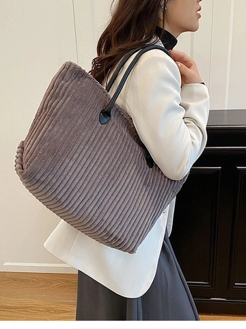 Sac Fourre-tout en Velours Côtelé Grande Capacité pour Femme Minimaliste Sac à Épaule Décontracté Couleur Unie Sac à Main Nervuré