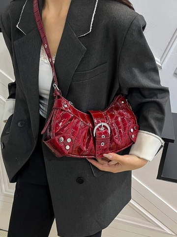 Bolso de Axila para Mujer con Patrón de Cocodrilo Remache Motero Bolso de Hombro Retro Brillante Cuero PU Dumpling