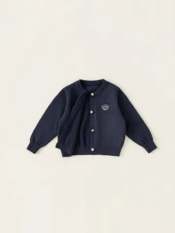 Boys Academy Style Knit Cardigan Navy Blue Acrylic Soft Sweater With Gold Buttons And Embroidered Badge For Kids Toddlers